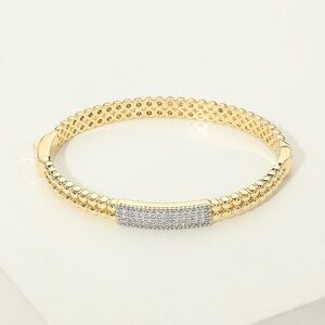 14K Gold Plated CZ Pave Bar Accent Beaded Hinged Bangle Bracelet